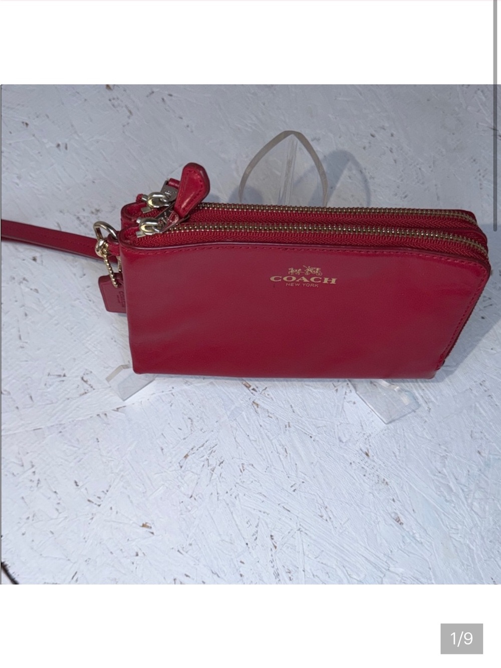 EUC COACH Red Leather Double-Zip Compartment Wristlet w/Gold Hardware & hang tag